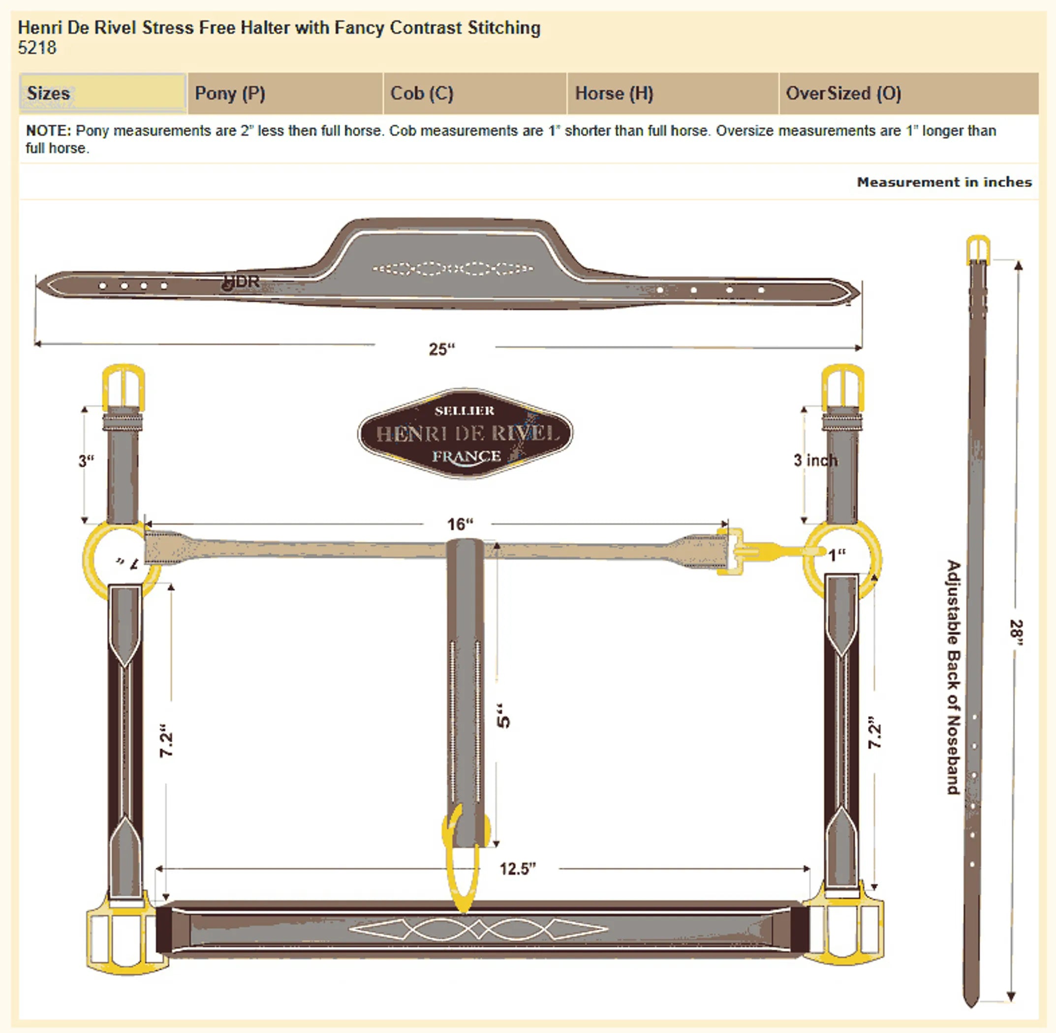 Henri de Rivel Stress Free Halter With Fancy Contrast Stitching - Australian Nut - Cob
